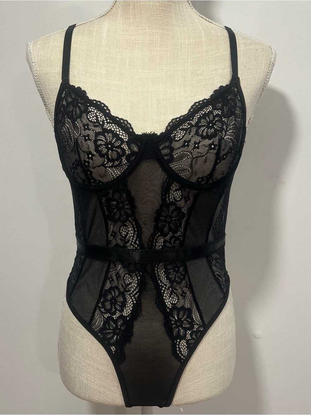 Black Lace Floral Sheer Bodysuit with Adjustable Straps